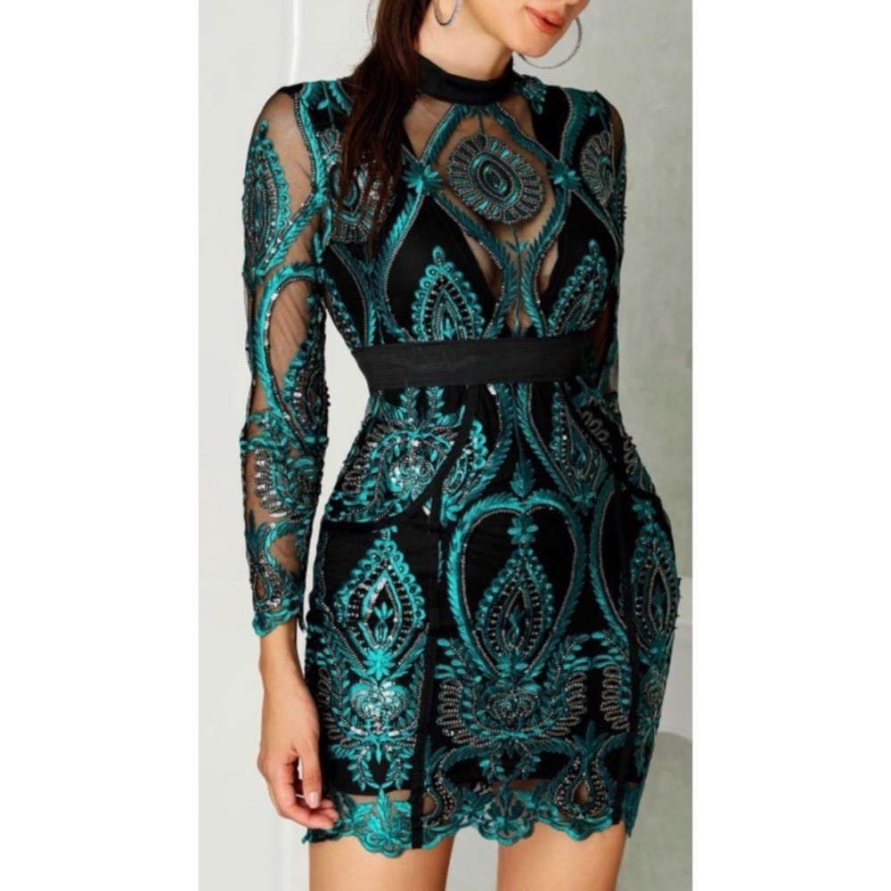 CBR Emerald green sequinned embroidered mesh dress gold detail black cocktail S